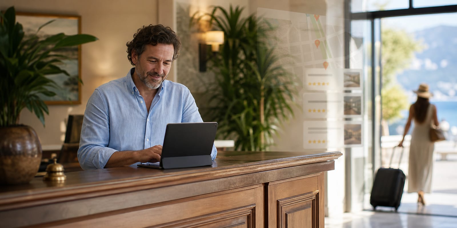 Gérant d'hôtel touristique consultant des avis clients à la réception